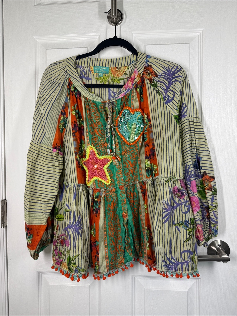 Antica Sartoria by Giacomo Cinque striped boho applique blouse with tie neck O/S